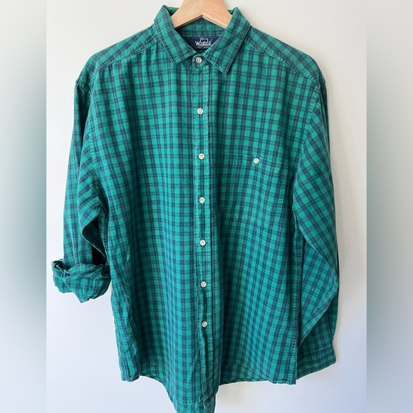 WOOLRICH 80s vintage size medium navy and green plaid cotton button down - Picture 1 of 5